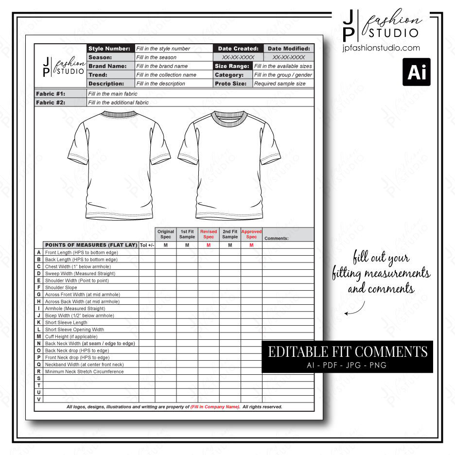 Editable] Spec Sheets Tech Pack Templates for Basic T-Shirts Buy Now – JPFashionStudio for Free Printable Printable T Shirt Template Pdf