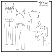 Load image into Gallery viewer, Women Pant Suit Outfit Technical Drawings,  Fashion Flat Sketches, Blazer sketch, Corset Top, Trousers, Oversized Blazer
