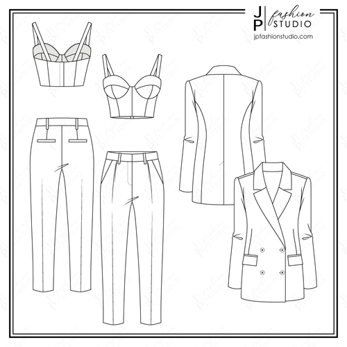 Women Pant Suit Outfit Technical Drawings,  Fashion Flat Sketches, Blazer sketch, Corset Top, Trousers, Oversized Blazer