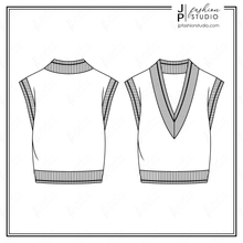 Load image into Gallery viewer, Women V-Neck Sweater Vests Sketches, Fashion Flat Sketches, Fashion Technical Drawings, Fashion Cad designs for Adobe Illustrator, sweater knit fashion croquis
