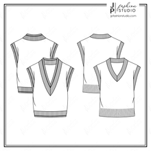 Load image into Gallery viewer, Women V-Neck Sweater Vests Sketches, Fashion Flat Sketches, Fashion Technical Drawings, Fashion Cad designs for Adobe Illustrator, sweater knit fashion croquis
