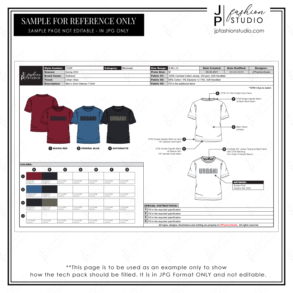 Tech pack template, Fashion template, editable, printable, fashion design, detail sheet, colorways