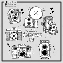 Load image into Gallery viewer, Set of BLACK &amp; WHITE Vintage Cameras Doodle style illustrations in vector format. Hand drawn Antique Photography Elements, Digital Print For T-Shirt, AI, Eps, Pdf, Png, Jpg, INSTANT DOWNLOAD
