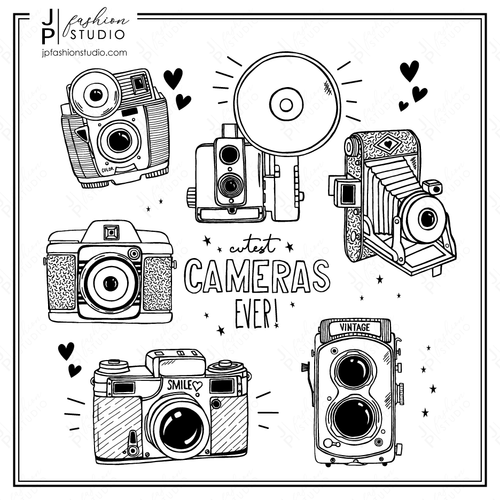 Set of BLACK & WHITE Vintage Cameras Doodle style illustrations in vector format. Hand drawn Antique Photography Elements, Digital Print For T-Shirt, AI, Eps, Pdf, Png, Jpg, INSTANT DOWNLOAD
