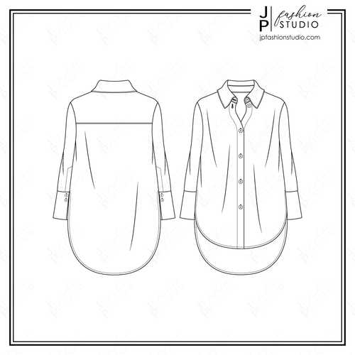 Women Oversized Shirt Sketch, High-Low Blouse technical drawing, Fashion Flat Sketches, Oversized Blouse, Fashion Croquis for Adobe Illustrator