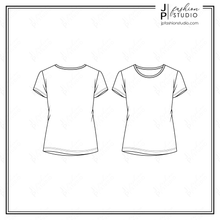 Load image into Gallery viewer, Women t-shirt sketch, Fashion Flat Sketch, T-shirt Technical Drawing, Fashion Vector Template, Short sleeves tee, Adobe Illustrator
