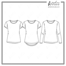 Load image into Gallery viewer, Women t-shirt sketch, Fashion Flat Sketch, T-shirt Technical Drawing, Fashion Vector Template, Short sleeves tee, Long Sleeves top, Fitted top, Adobe Illustrator
