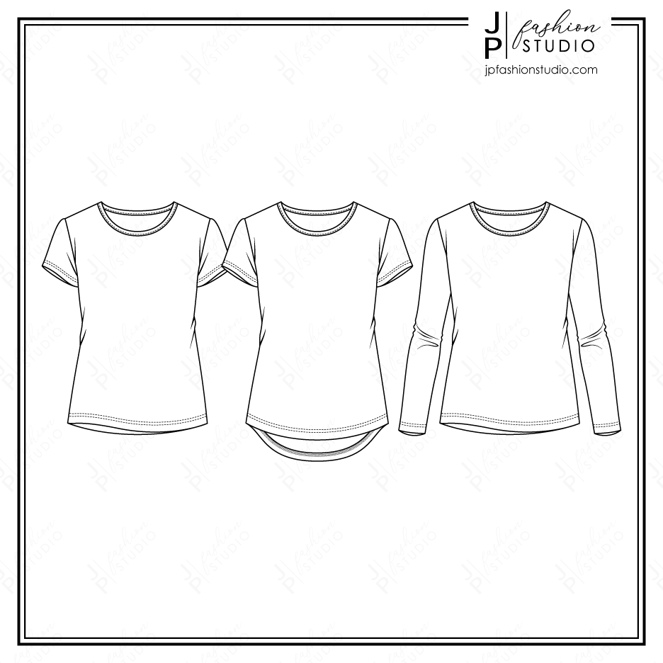 Women t-shirt sketch, Fashion Flat Sketch, T-shirt Technical Drawing, Fashion Vector Template, Short sleeves tee, Long Sleeves top, Fitted top, Adobe Illustrator